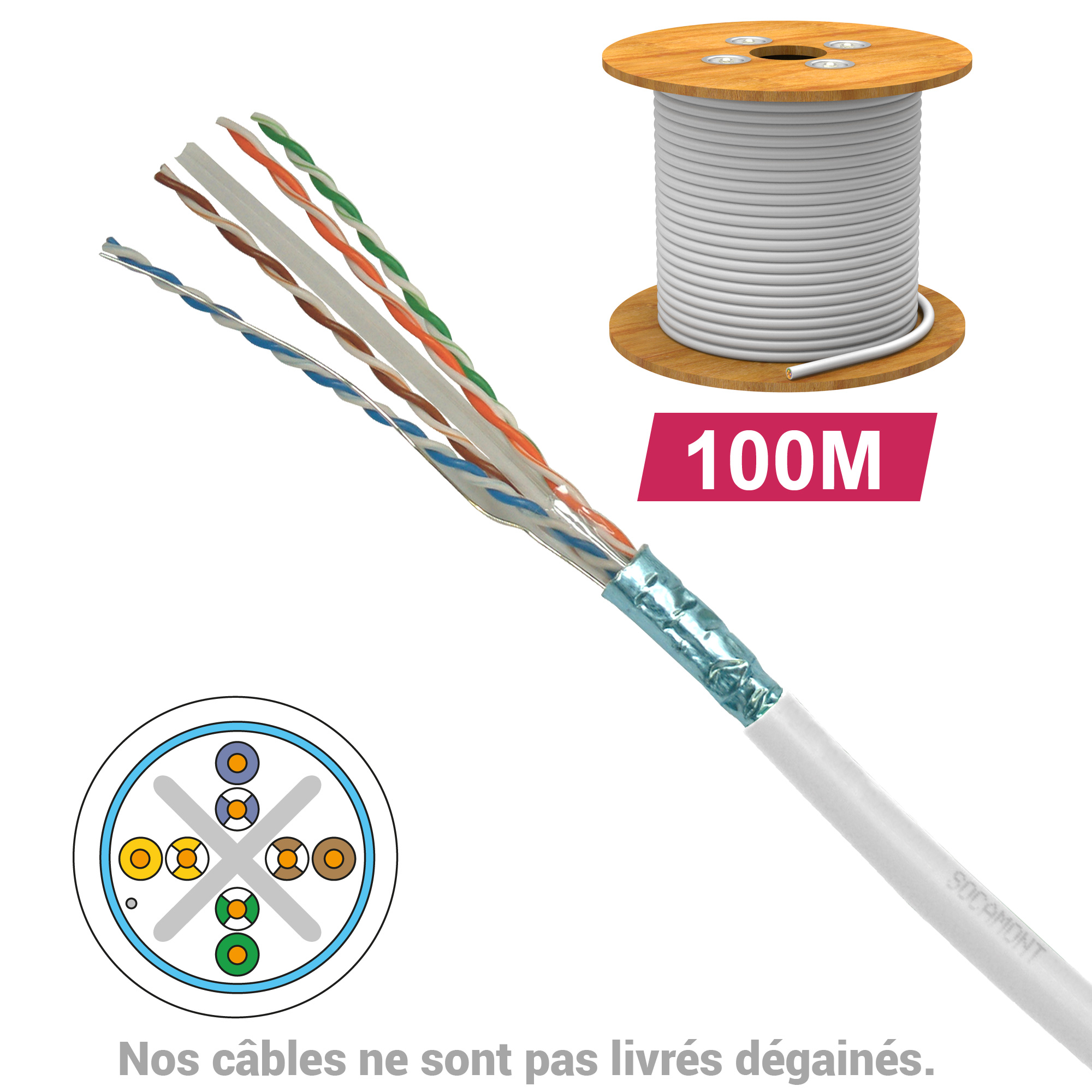 Socamont - CABLE CAT6 FUTP LSZH 1X4P 100 OHMS AWG23 TOURET DE 100M GAINE BLANCHE (réf. 6719)